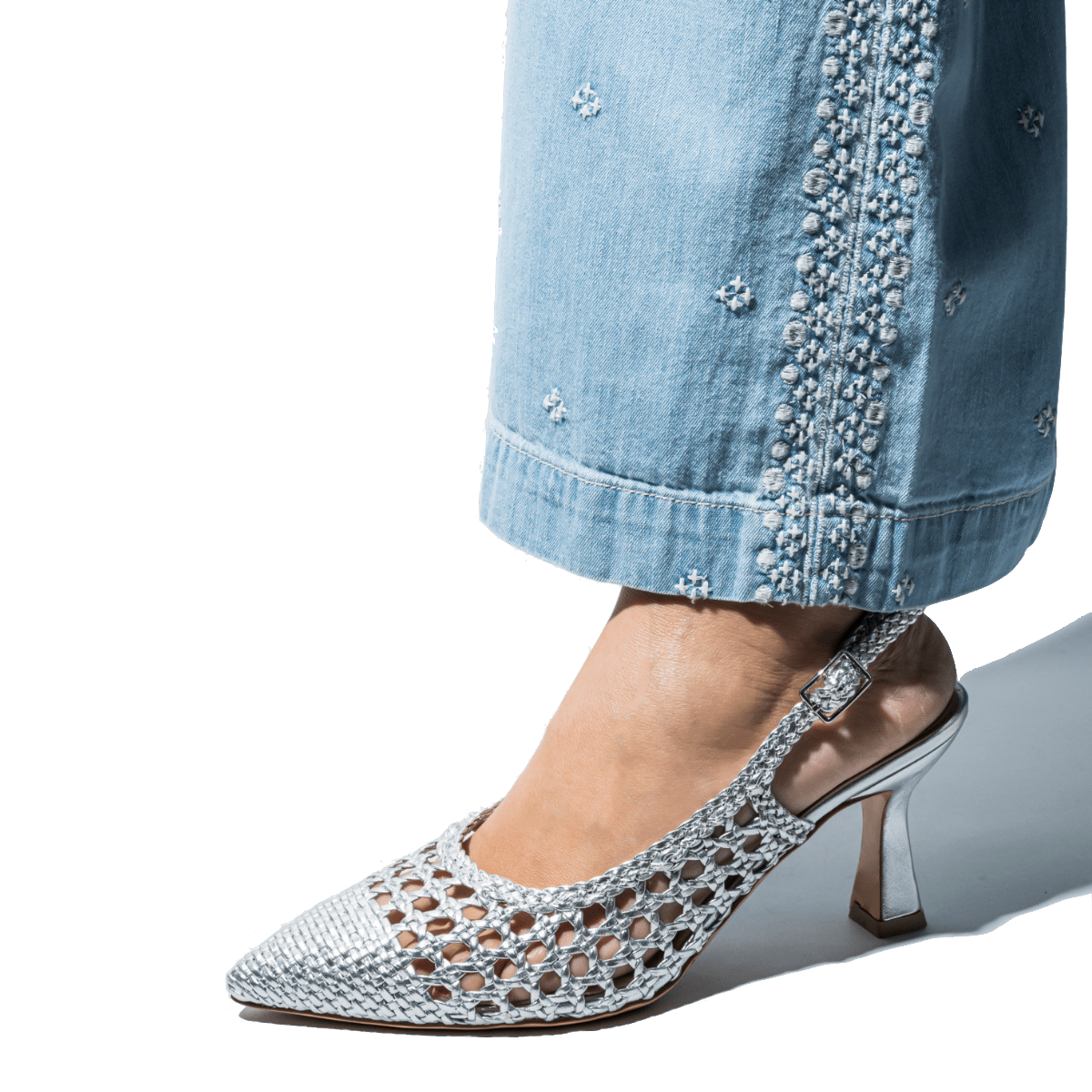 Slingback Melluso Pelle Traforato e Intreccio Argento