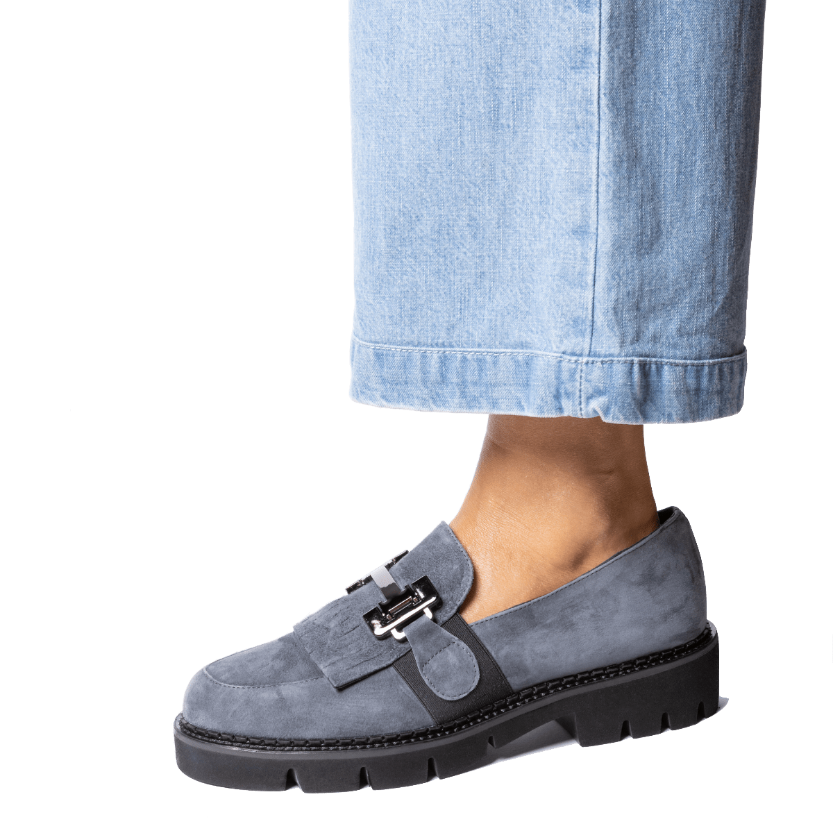 Mocassino Vitulli Fibbia Acciaio Scuro e Frangia Camoscio Ferro