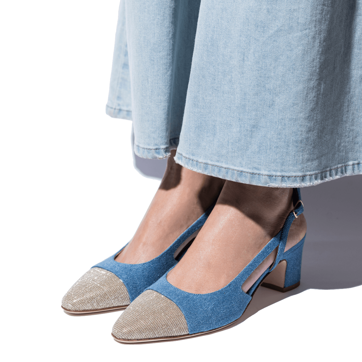 Slingback La Sellerie Tessuto Denim / Galassia Champagne - La Sellerie - Calzature Savorè